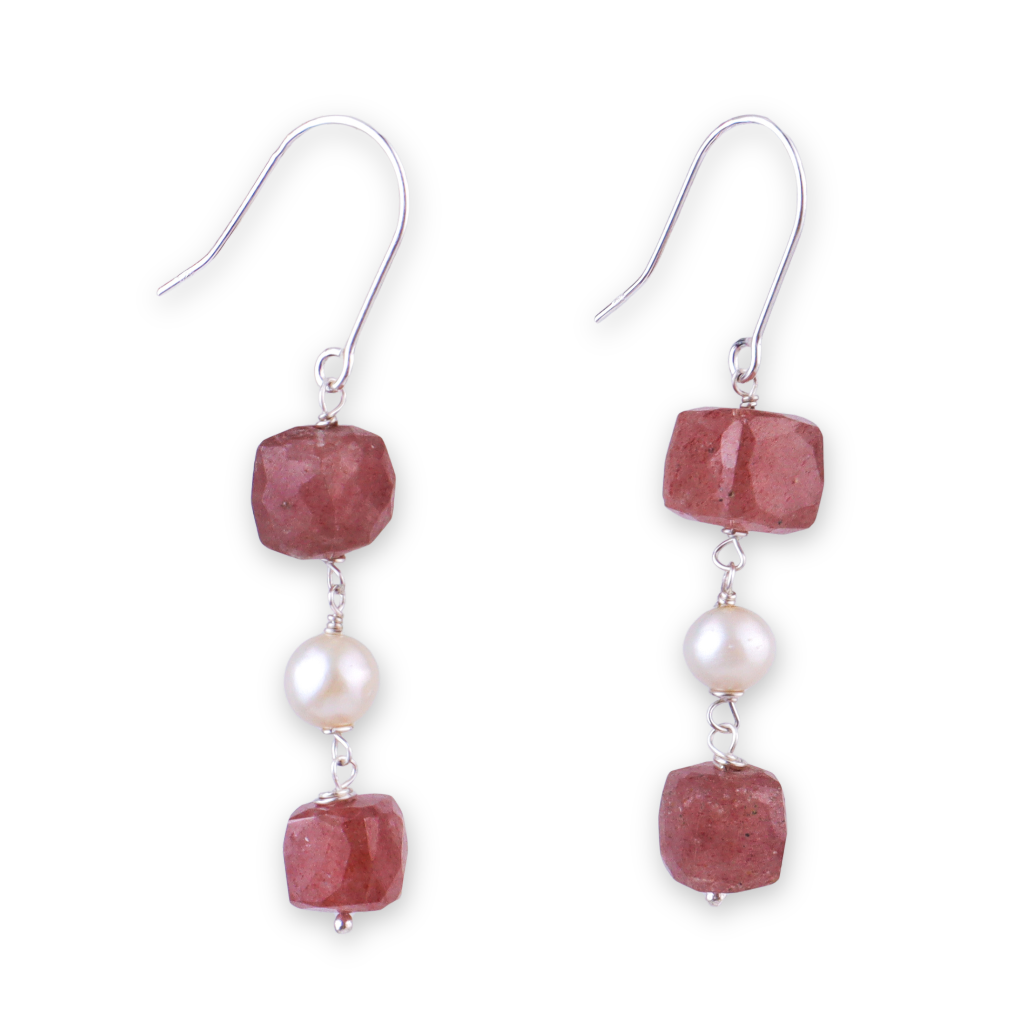 Strawberry Quartz & Pearl Silver Earrings (Project Handmade)