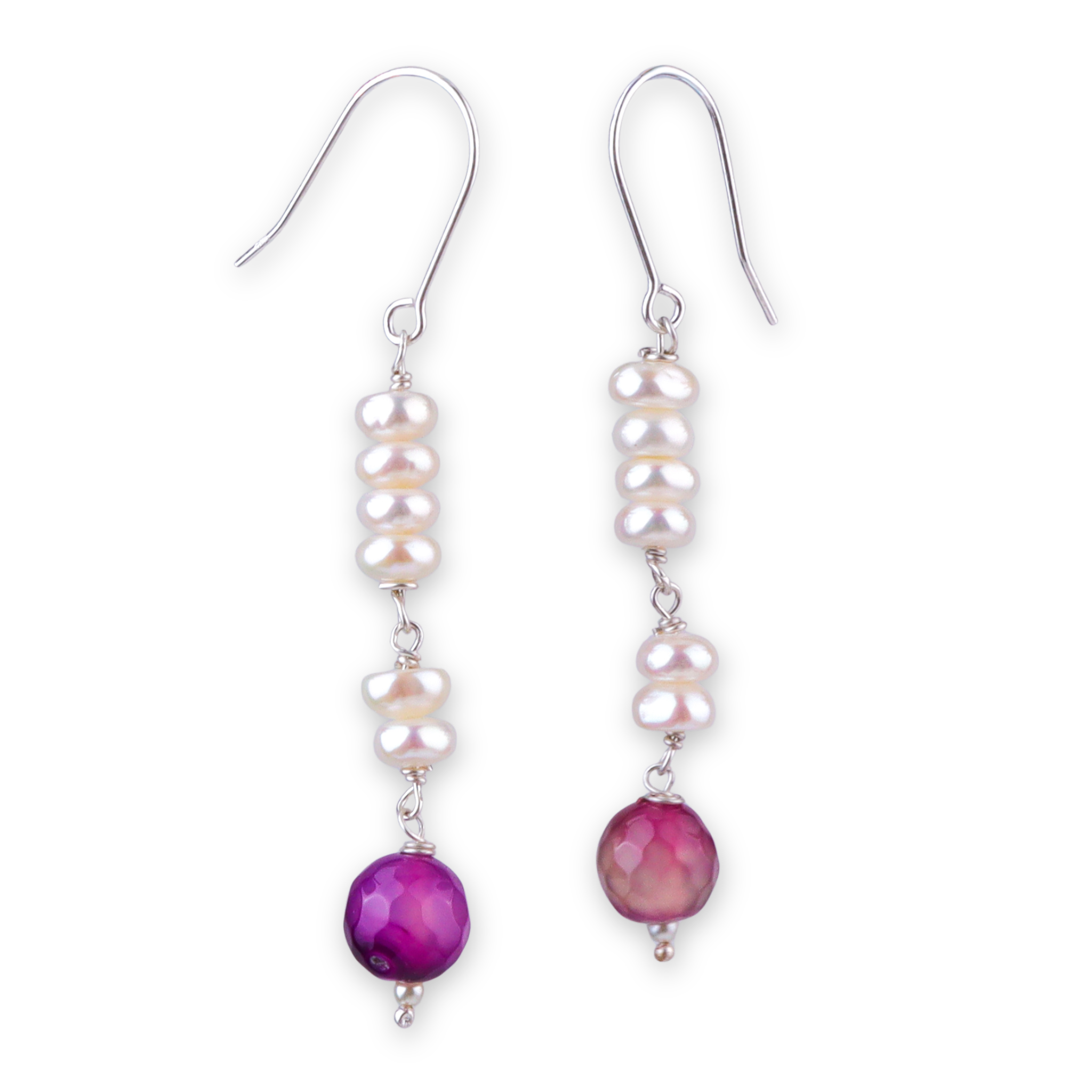 Purple Agate & Freshwater Pearl Silver Earrings (Project Handmade)