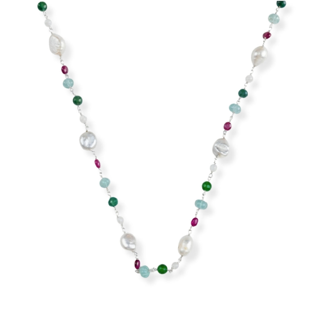 Multicolour Stone Ganthan Necklace with Baroque Pearls – 20 Inches (Project Handmade)