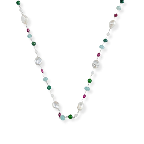 Multicolour Stone Ganthan Necklace with Baroque Pearls in 92.5 sterling silver