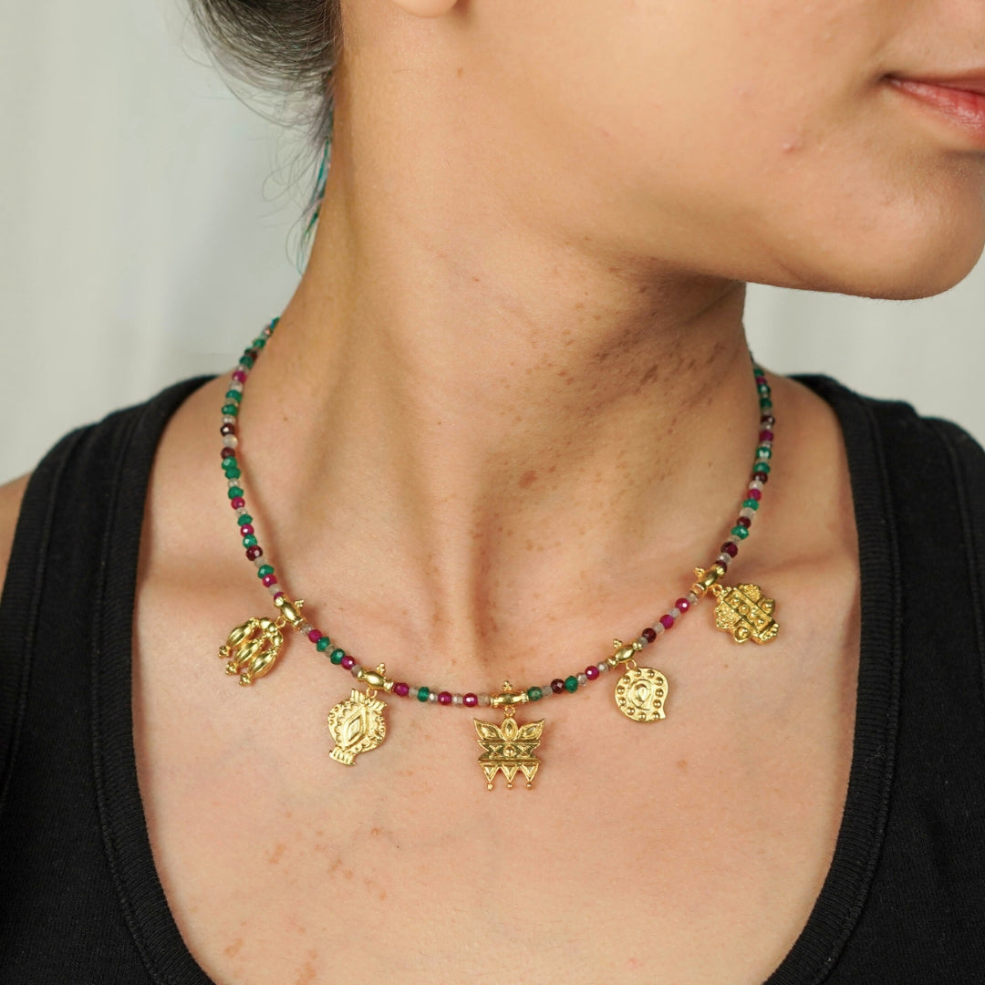 Multicharm Necklace with multi colour stones (big) | 92.5 Silver | 22K Gold Plated