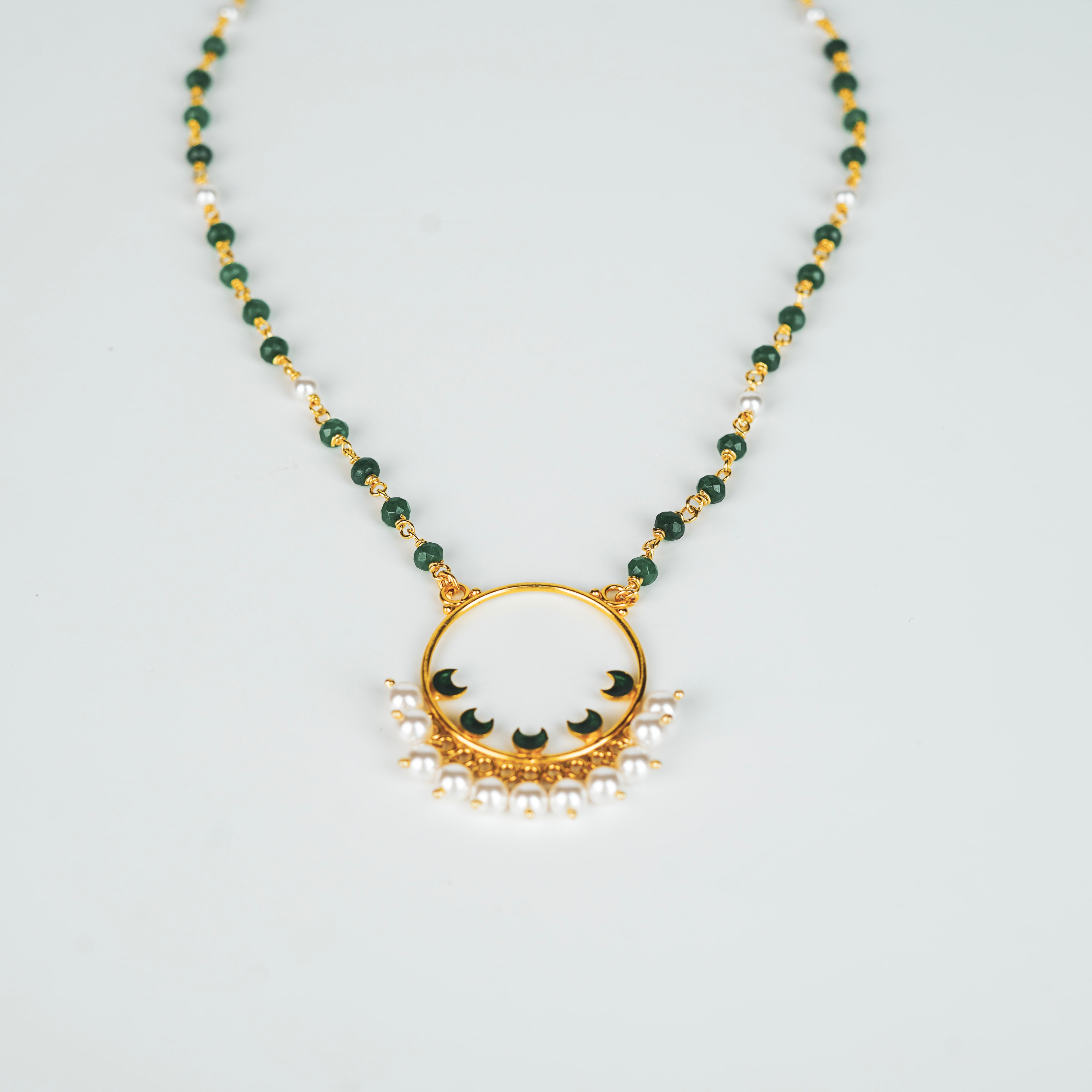 Gold plated Meena pendant necklace with ganthan of pearls and green onyx | 92.5 Silver | 22k Gold plated