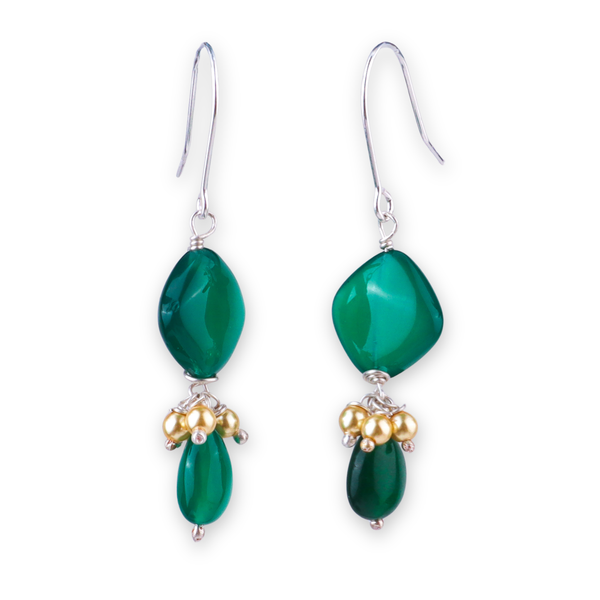 Green Onyx & Golden Pearl Silver Earrings (Project Handmade)