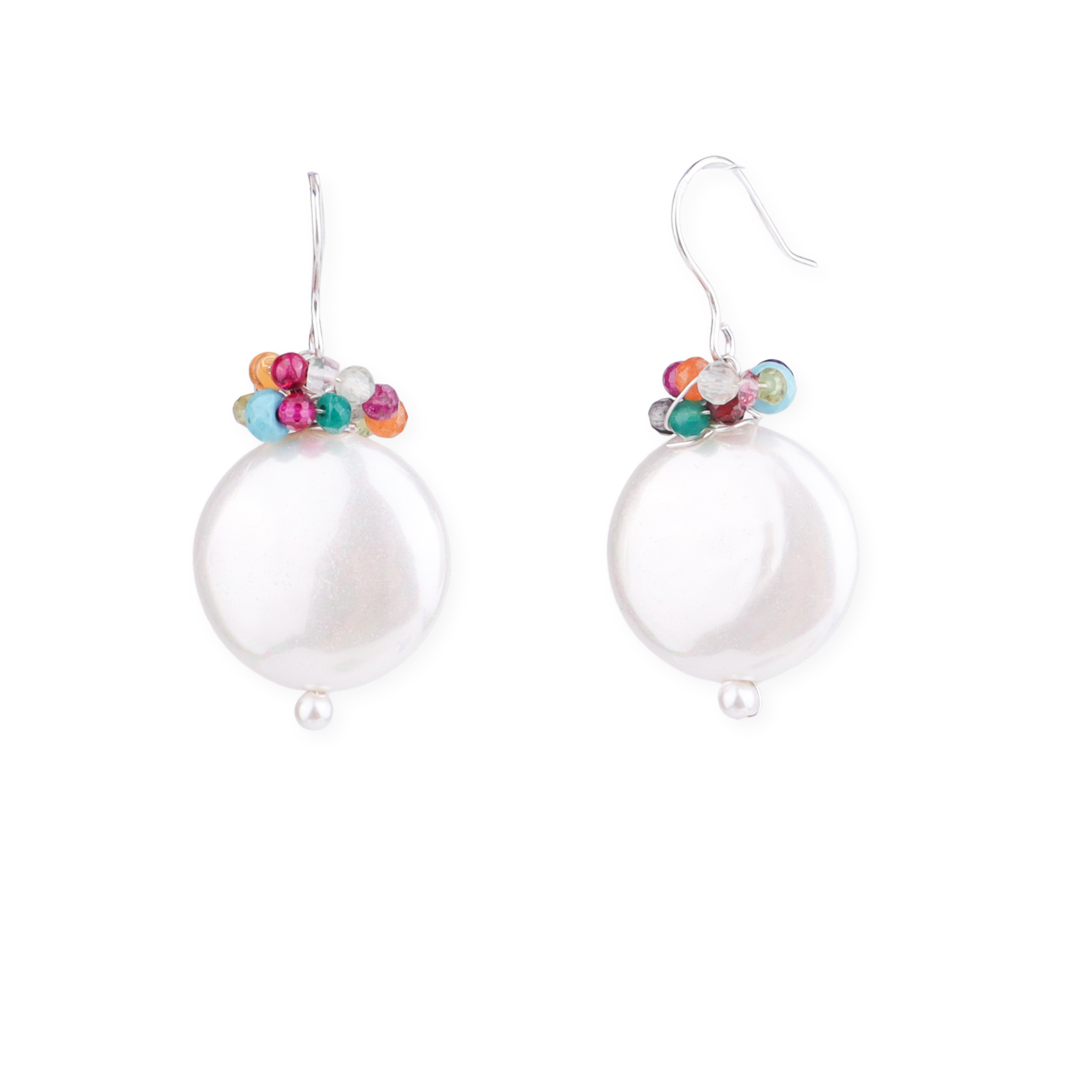 Coin Pearl Silver Earrings with Multicolor Stones (Project Handmade)