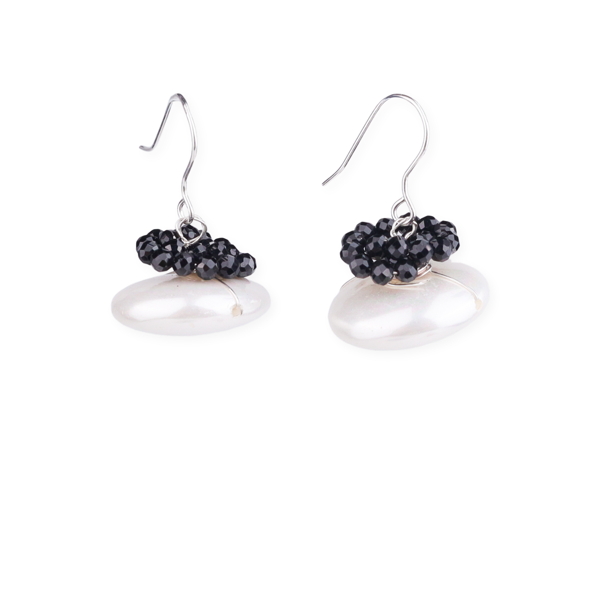 Coin Pearl Silver Earrings with Black Spinel (Project Handmade)