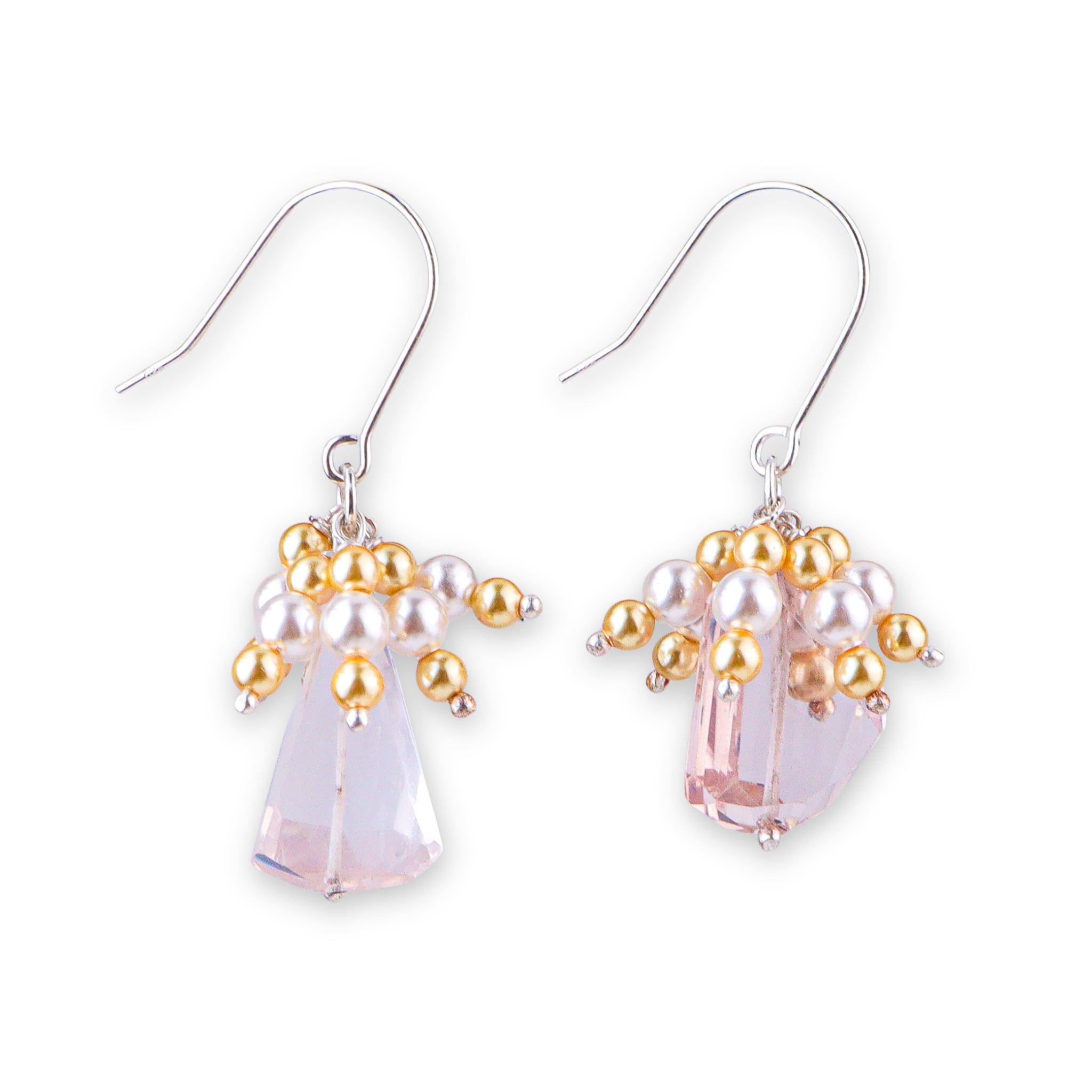 Rose Quartz, Golden & White Pearl Silver Earrings (Project Handmade)