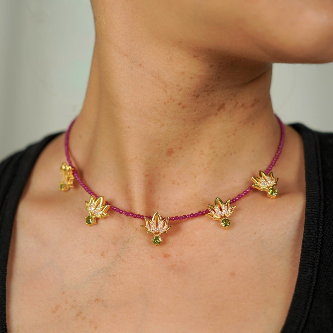 Lotus CZ Pendant Necklace with Ruby | 92.5 Silver | 22K Gold Plated
