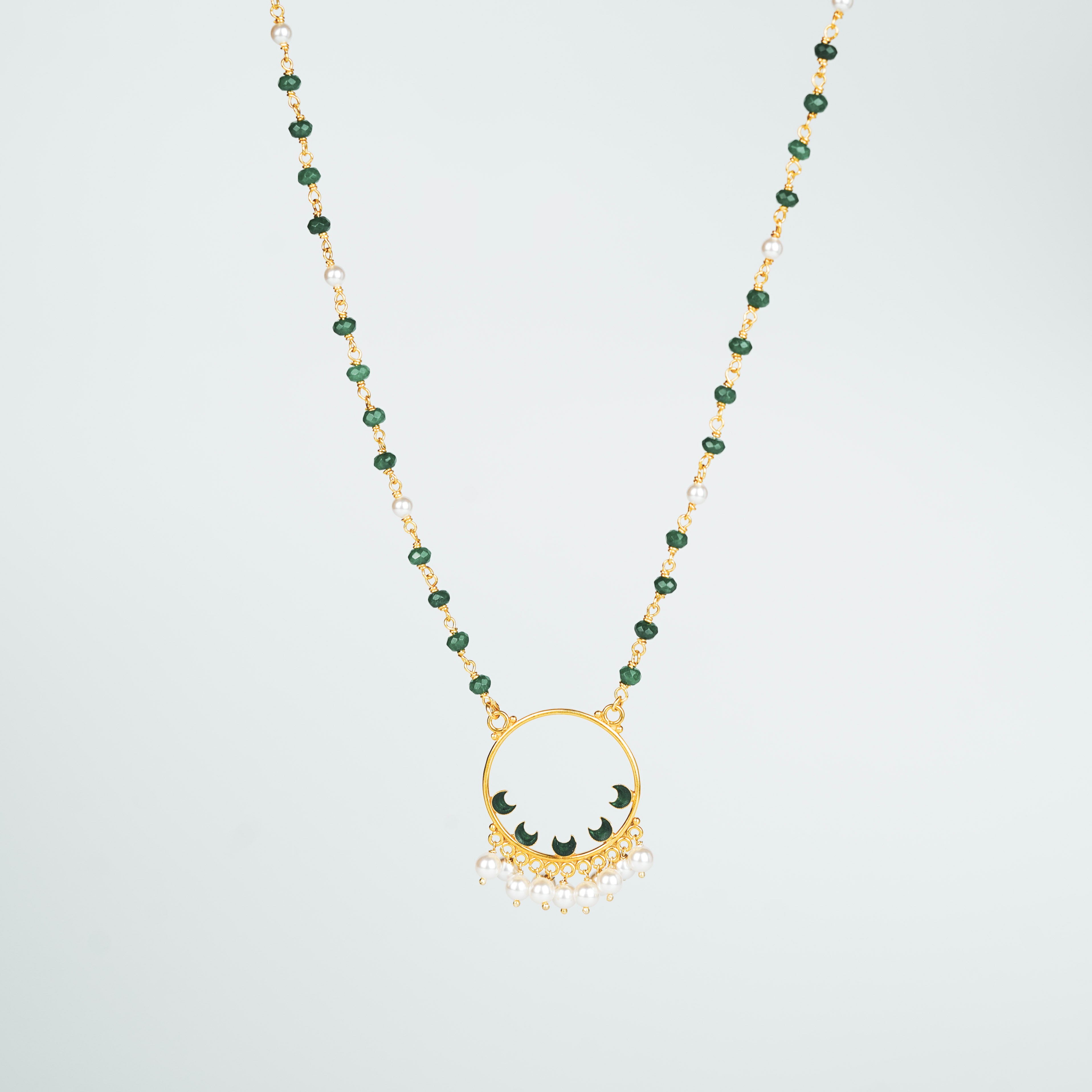 Gold plated Meena pendant necklace with ganthan of pearls and green onyx | 92.5 Silver | 22k Gold plated