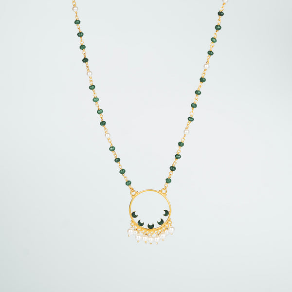 Gold and green onyx necklace with pearl embellishments, festive jewelry