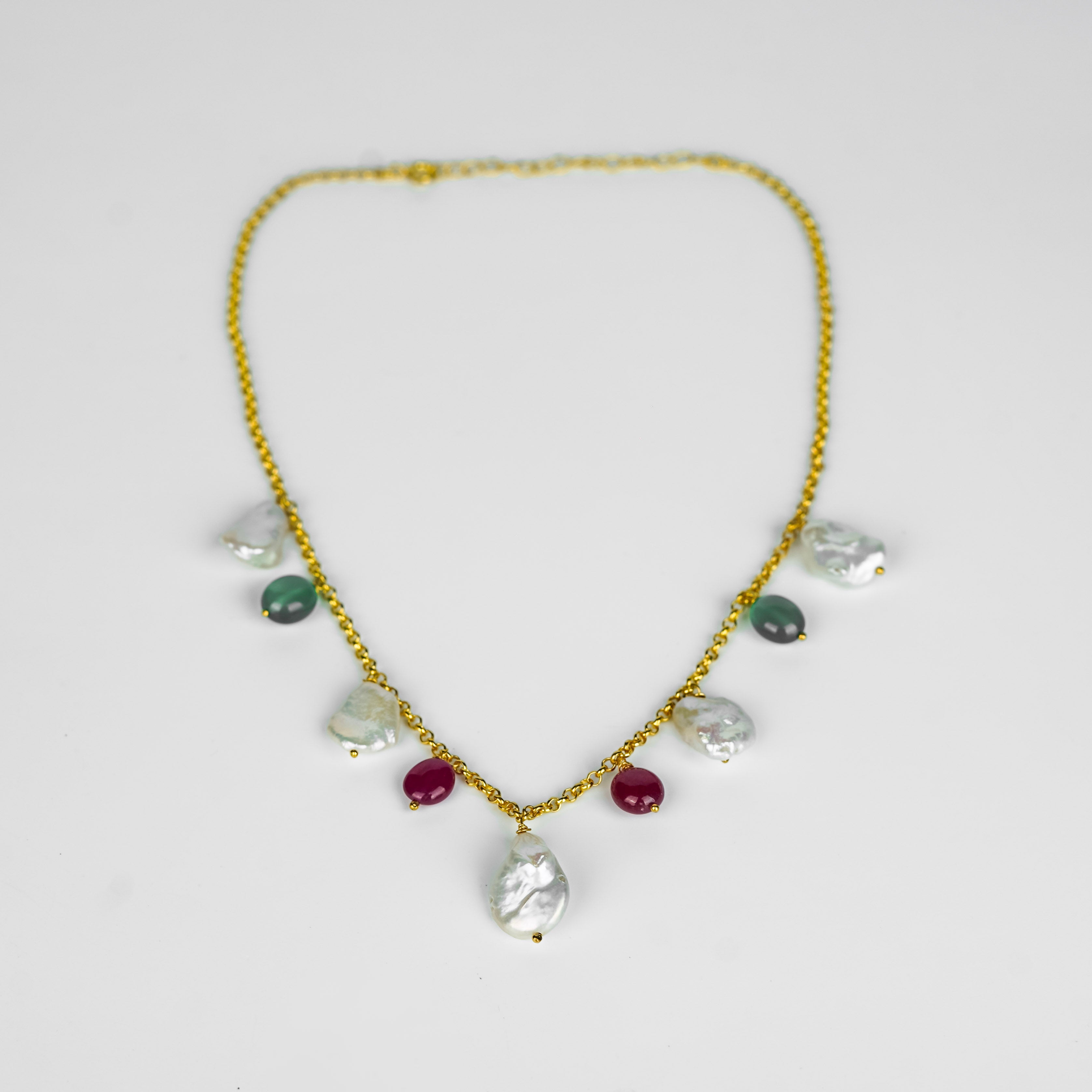 Silver Ruby, Green Onyx and Boroque Pearl Chain | 92.5 Silver | 22K Gold Plated
