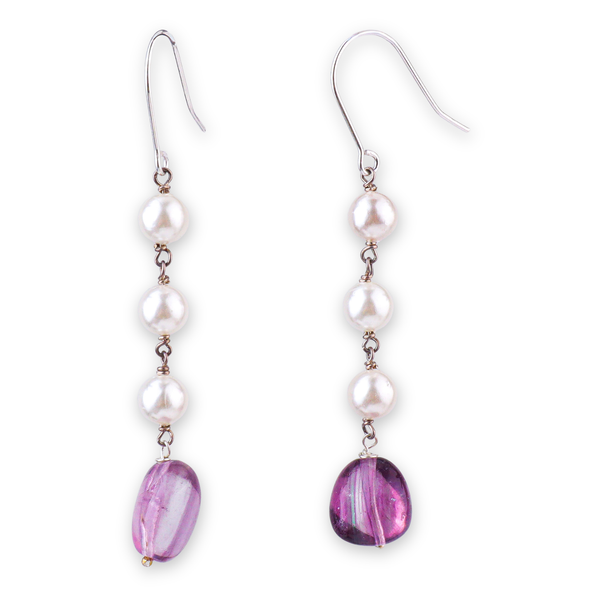 Purple Agate & Pearl Silver Earrings (Project Handmade)