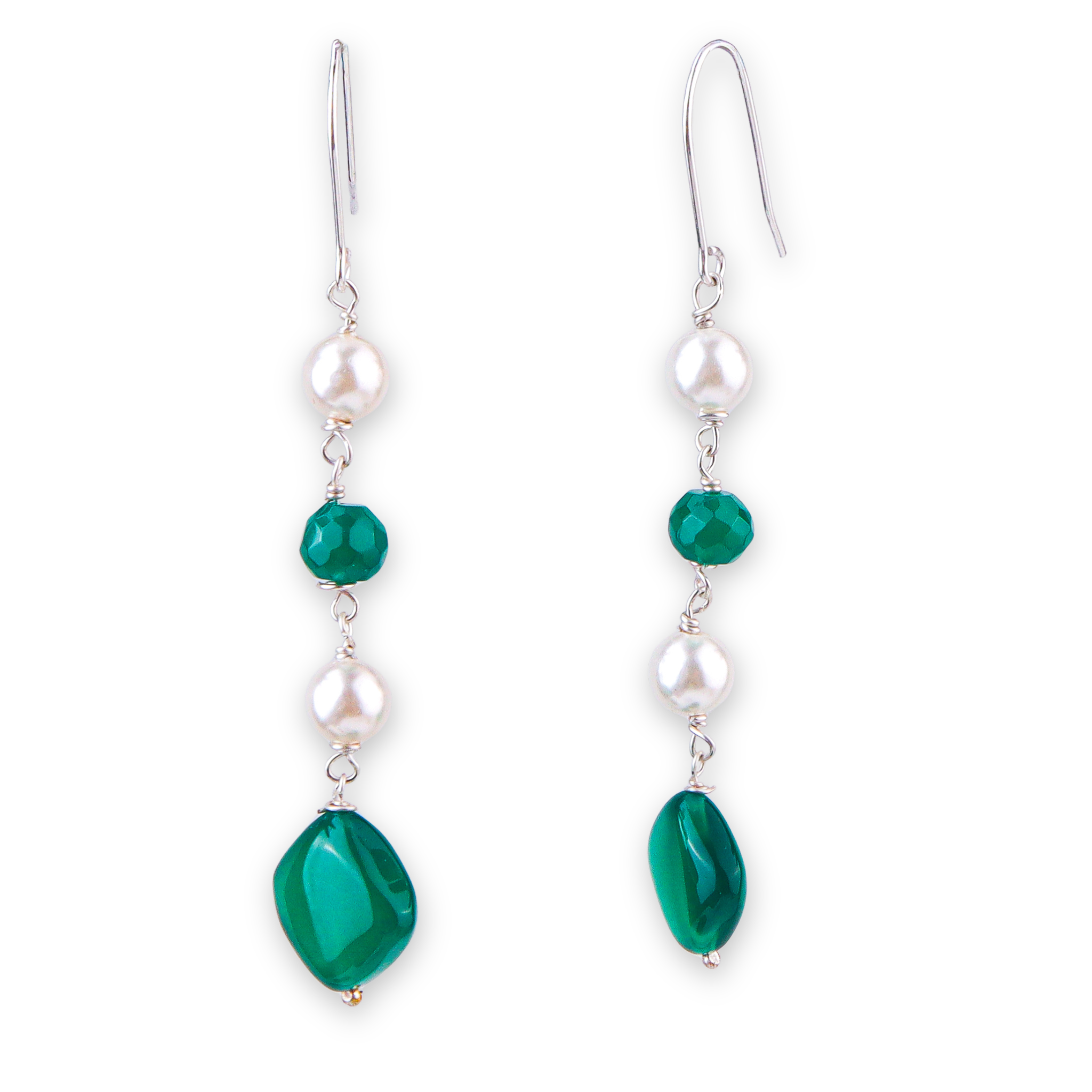 Green Onyx & Pearl Silver Earrings (Project Handmade)
