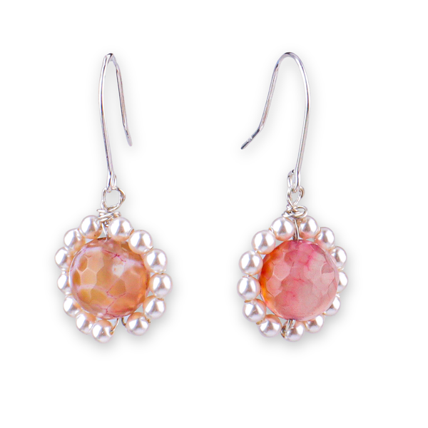 Peach Agate & Pearl Silver Earrings (Project Handmade)