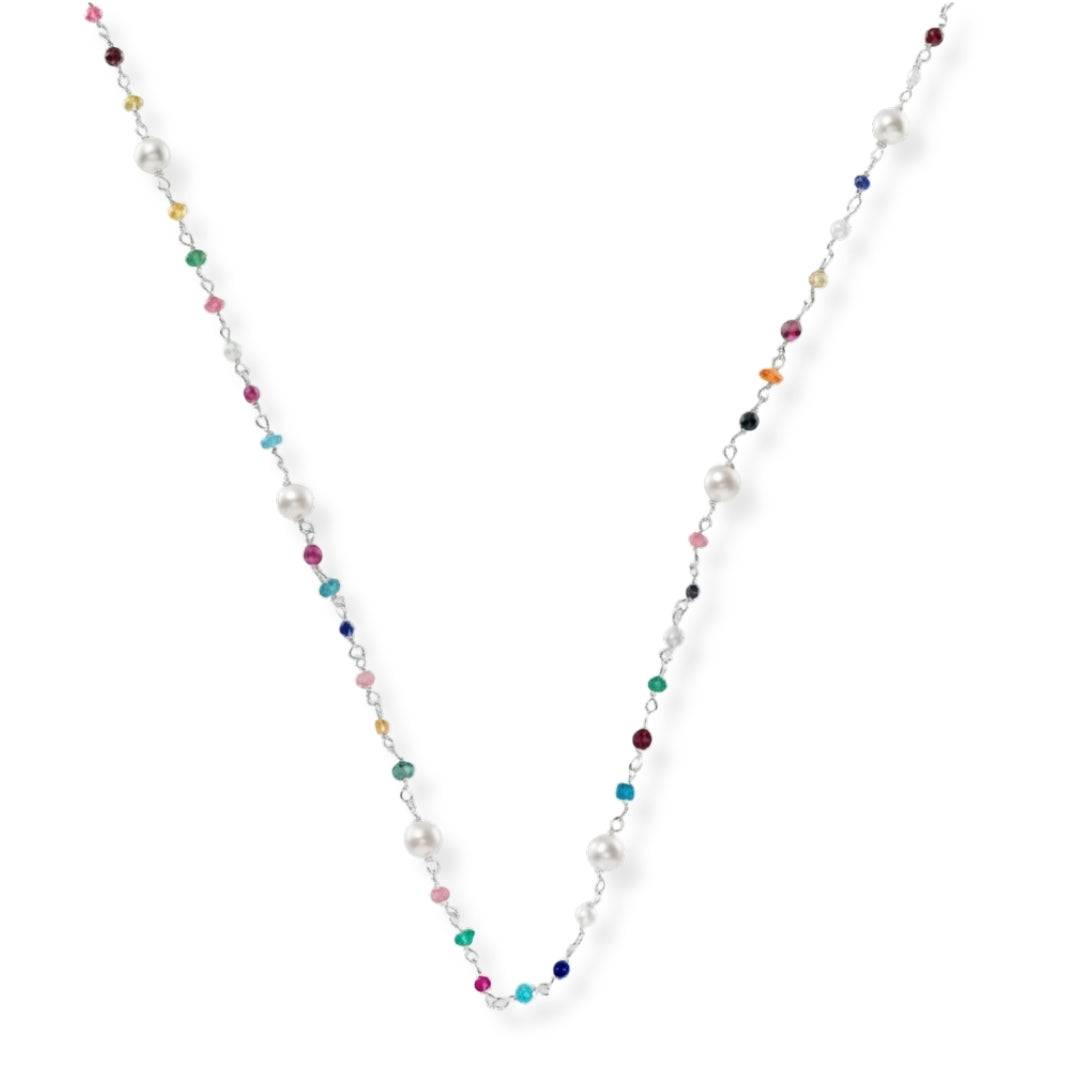 Multicolour Small Stone Ganthan Necklace with Pearls in 92.5 sterling silver