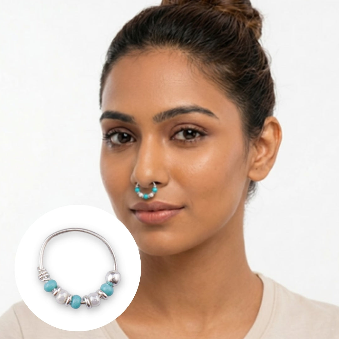 Silver Septum Cum Nose Ring with Blue & White Bead (Pierced)