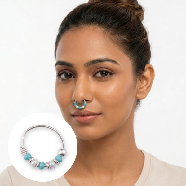 Silver Septum Cum Nose Ring with Blue & White Bead (Pierced)