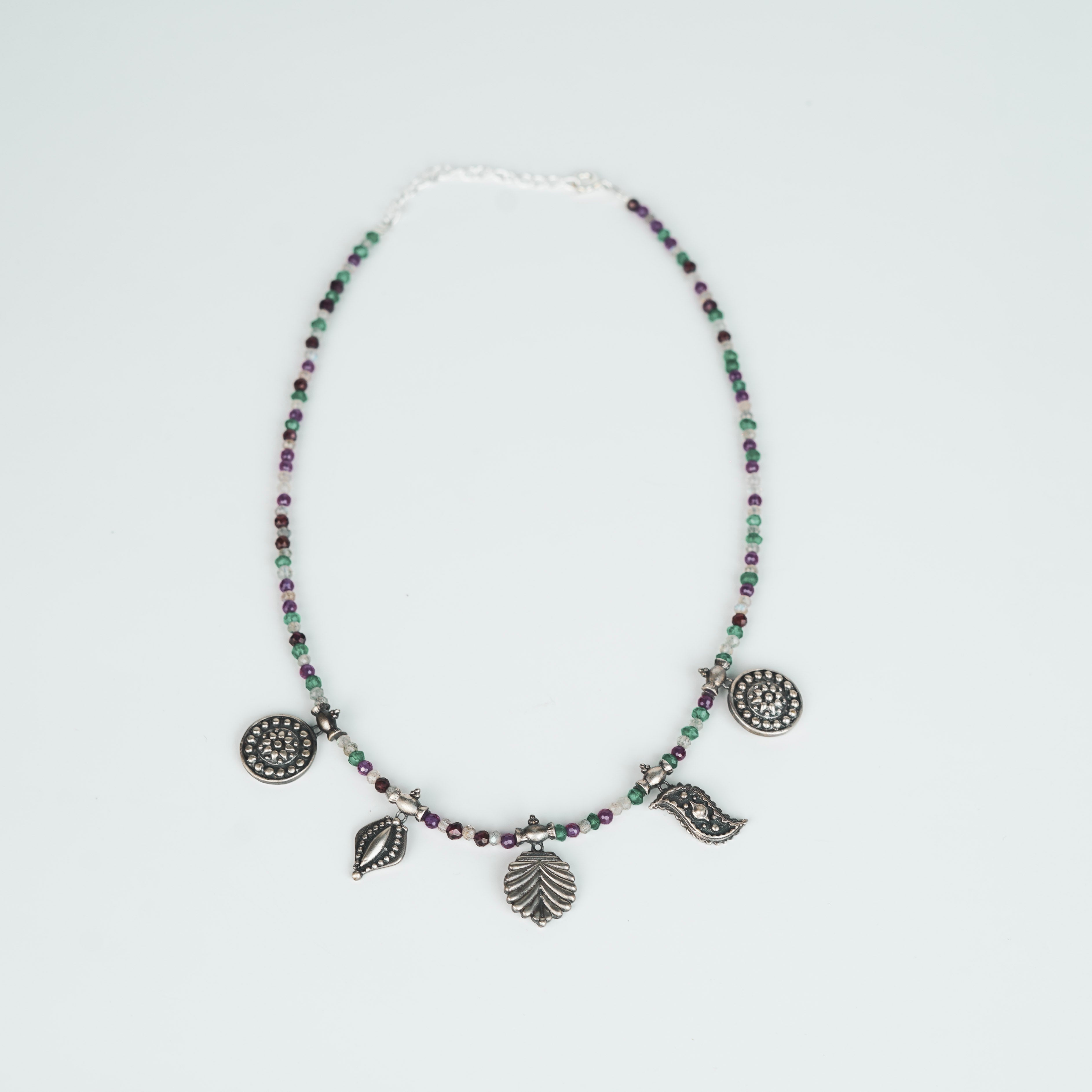 Oxidized Multi charm Necklace with Multi colour Stones (Big)
