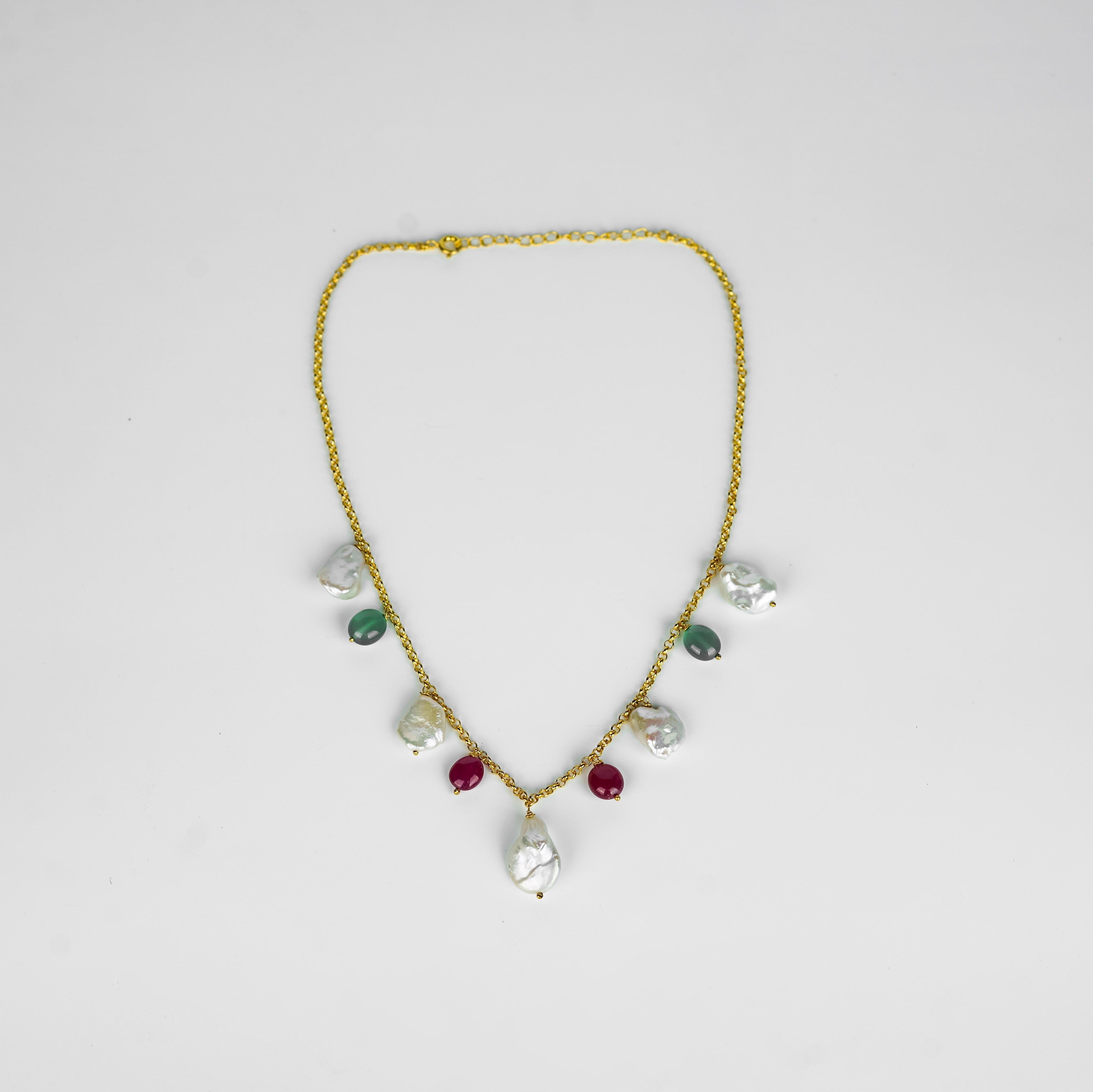 Silver Ruby, Green Onyx and Boroque Pearl Chain | 92.5 Silver | 22K Gold Plated