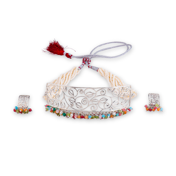 Pearl & Multicolour Bunch Filigree Leaf Choker Set