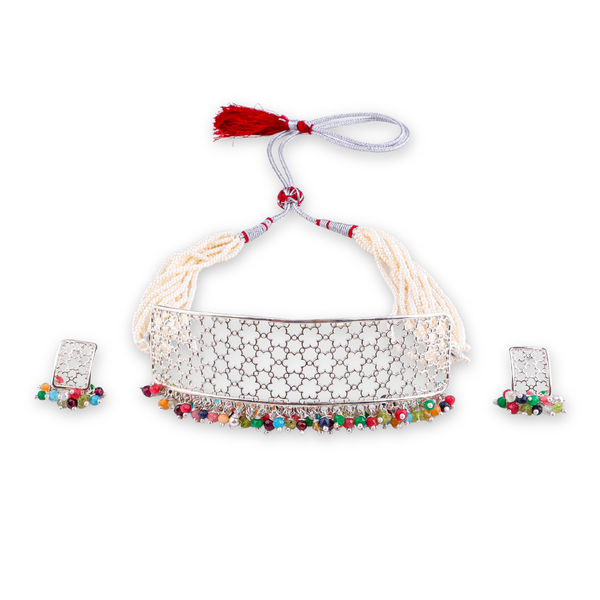 Pearl & Multicolour Bunch Filigree Flower Choker Set