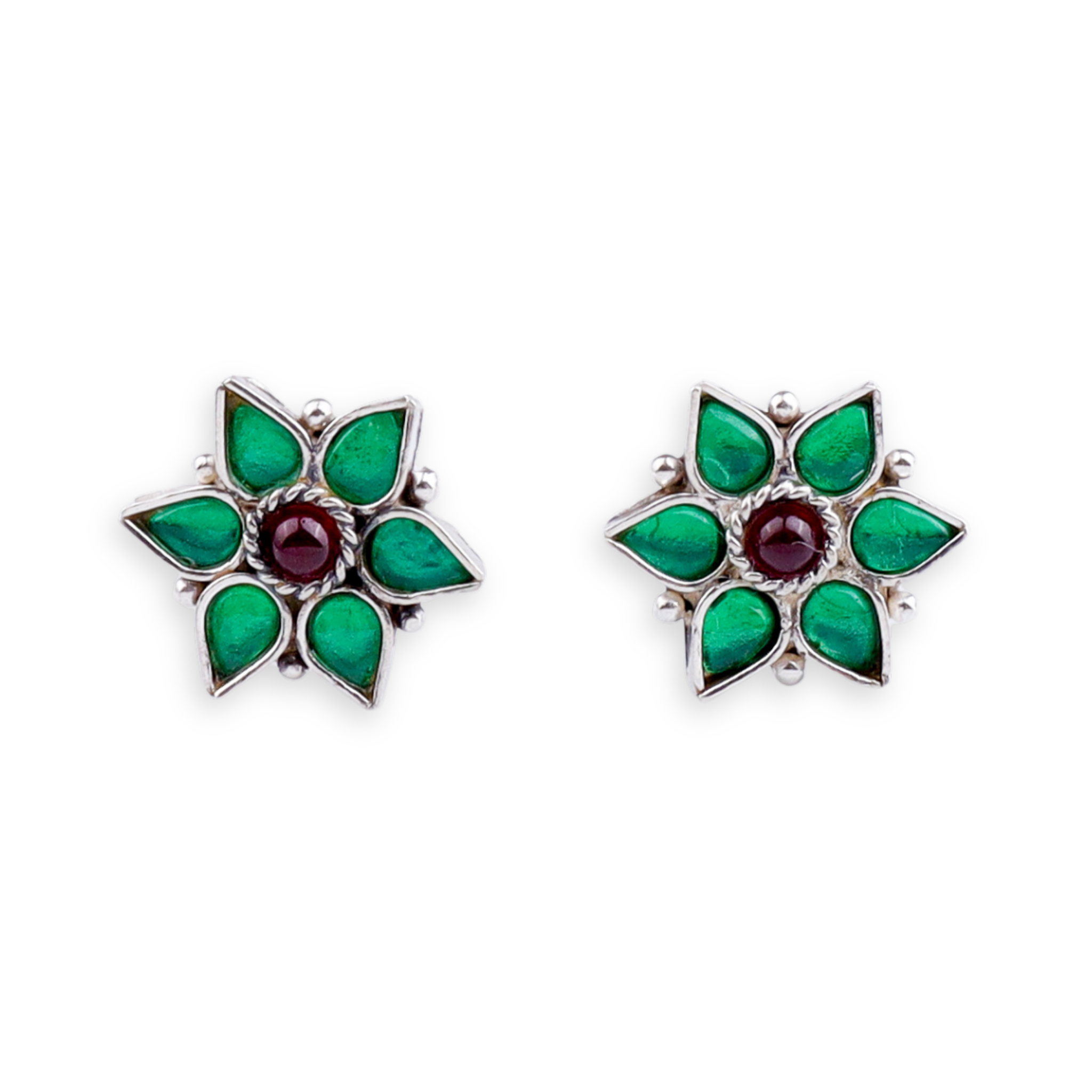 Silver Green Nakshatra Flower Earring