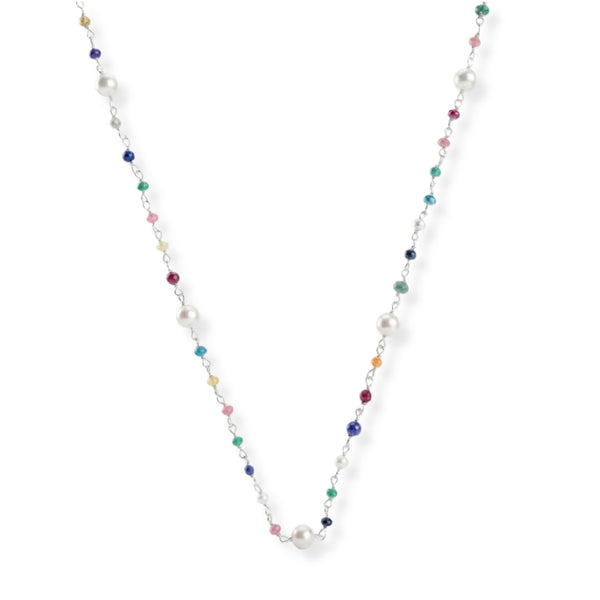 Multicolour Small Stone Ganthan Necklace with Pearls in 92.5 sterling silver