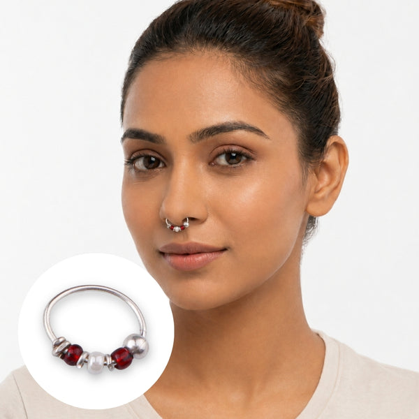 Silver Septum Cum Nose Ring with Red & White Bead (Pierced)