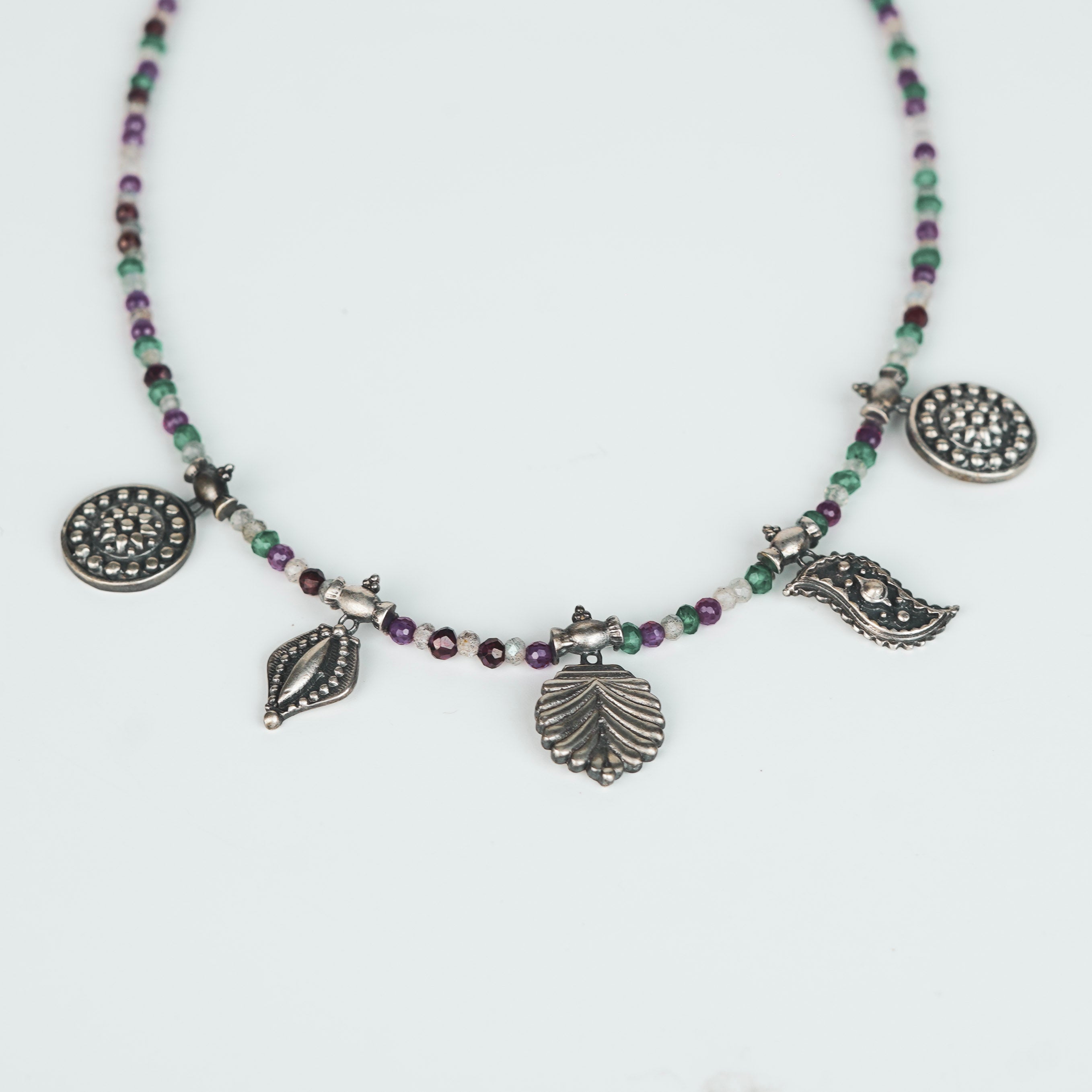 Oxidized Multi charm Necklace with Multi colour Stones (Big)