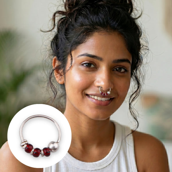 Silver Septum Cum Nose Ring with Red Bead (Pierced)