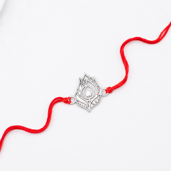 Silver Laser Cut Peacock Feather Rakhi