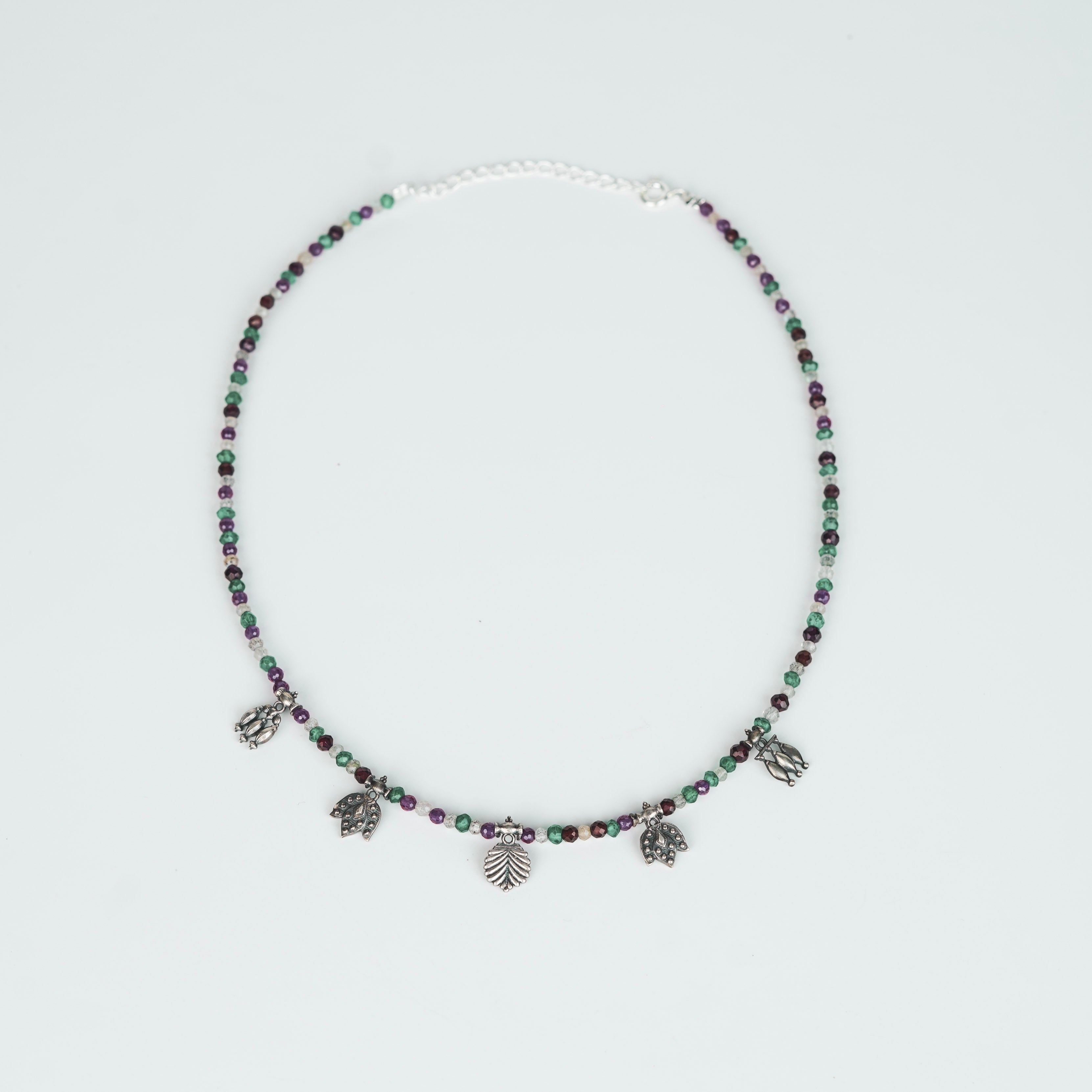 Oxidized Multi charm Necklace with Multi colour Stones (Small)
