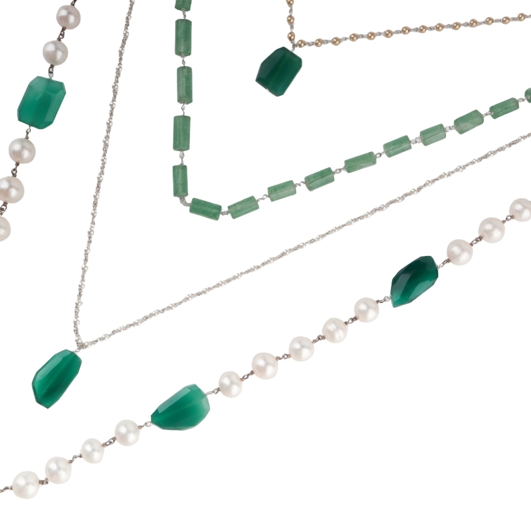 Luxe Necklace - Russian Emrald Stone, Green Onyx & Fresh Water Pearls