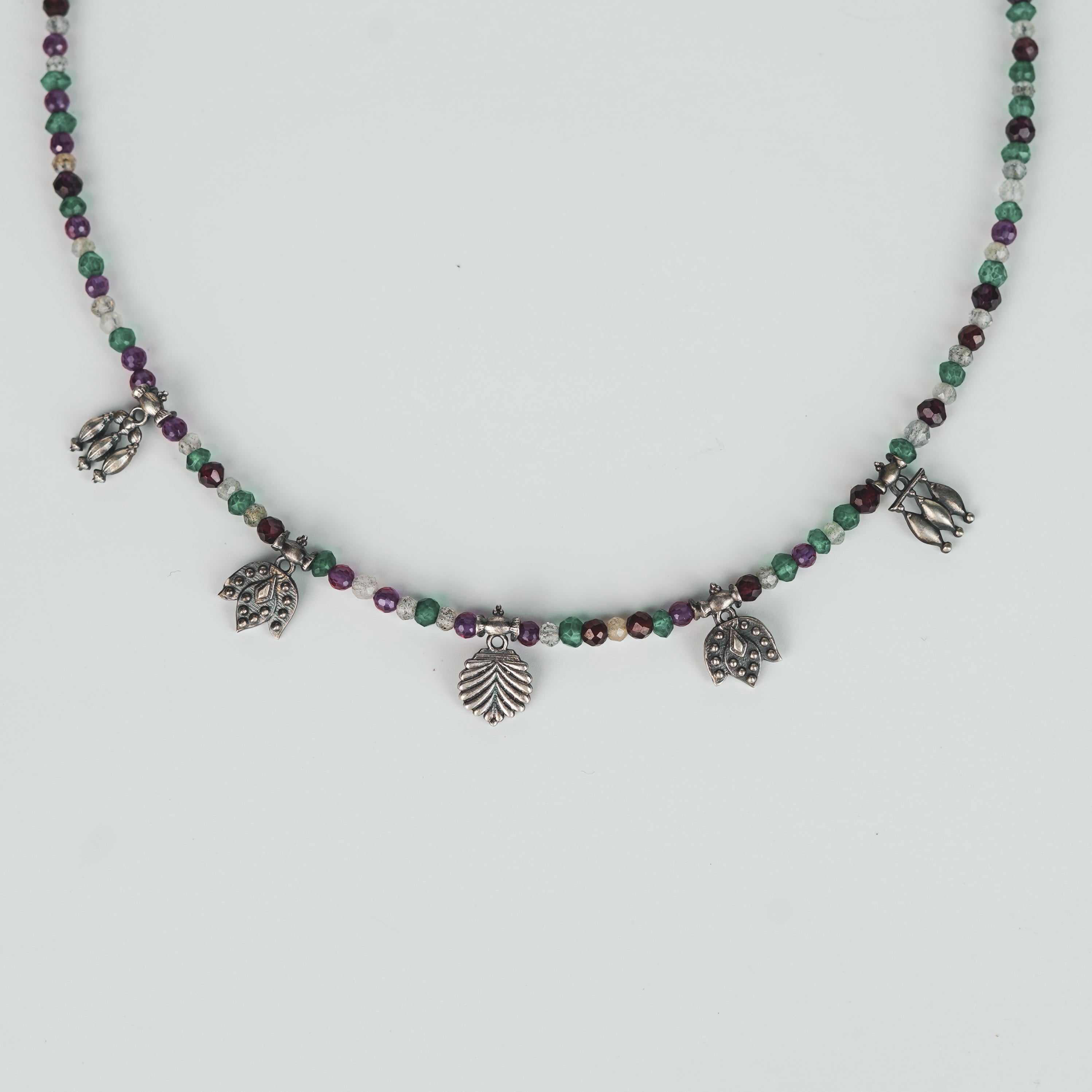 Oxidized Multi charm Necklace with Multi colour Stones (Small)