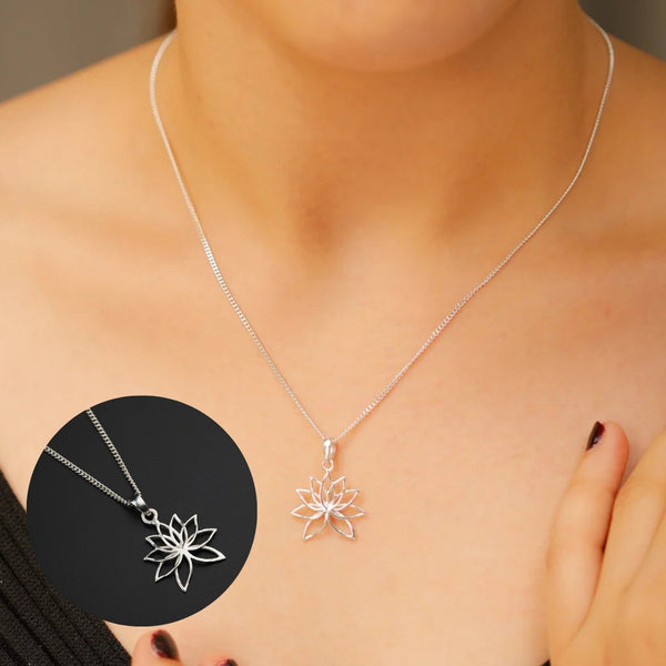 Handcrafted lotus silver necklace polished finish