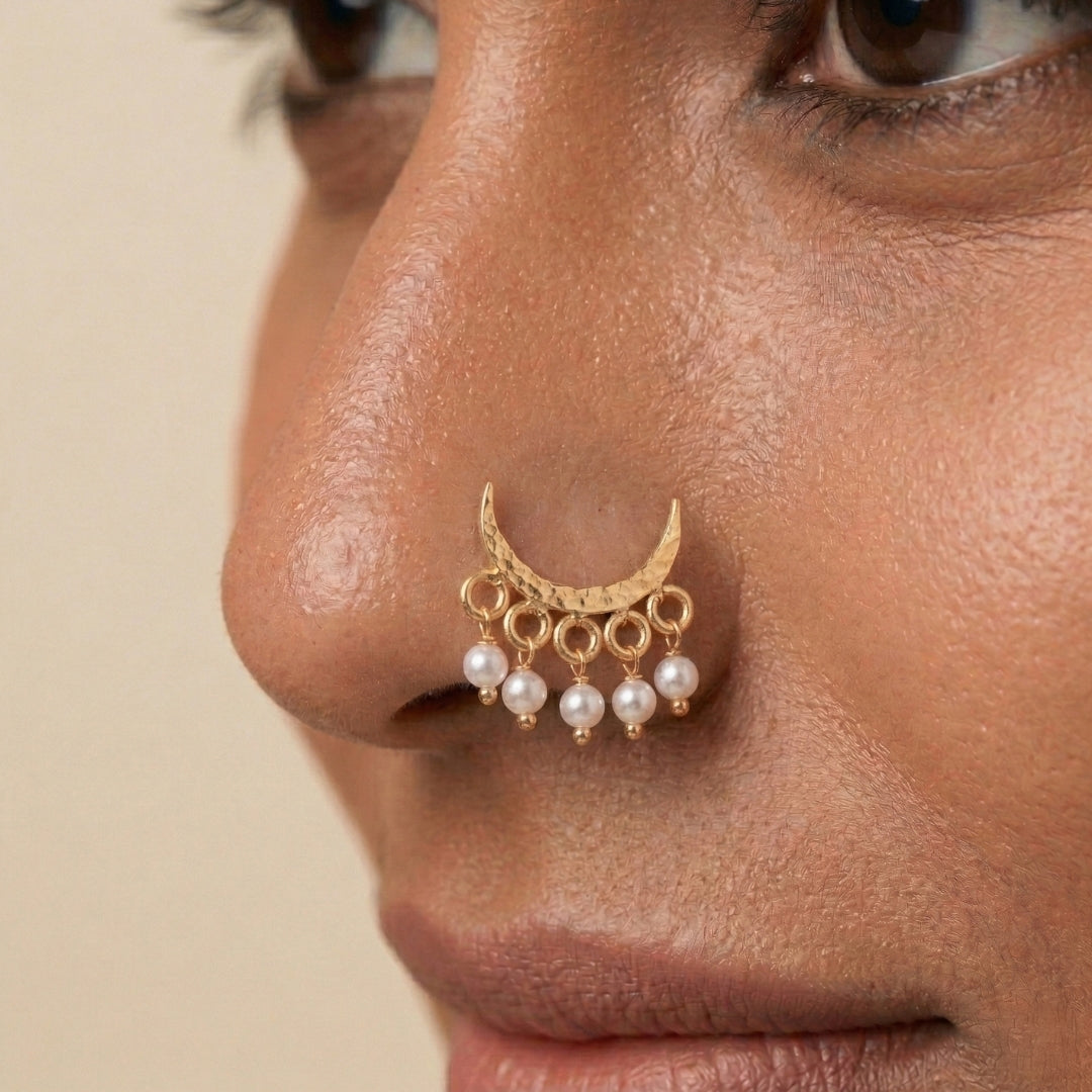 Hammered Chandrakor Pierced Nose Pin | 22K Gold-Plated (Large)
