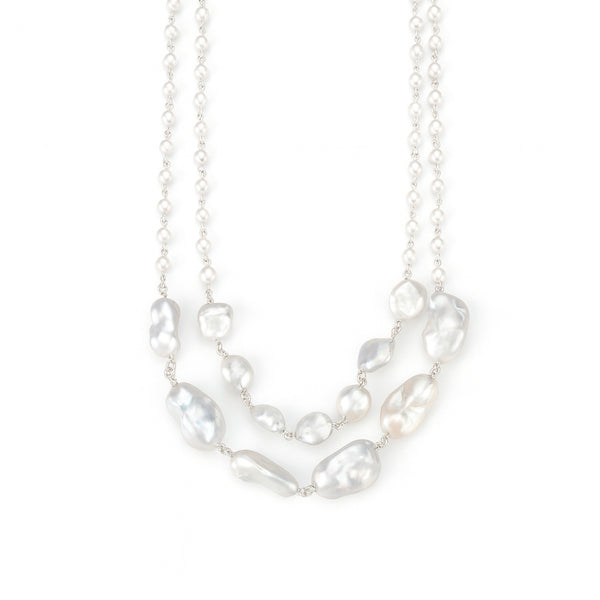 Front view of 2 layer fresh water pearl necklace in 92.5 sterling silver with elegant double strand design