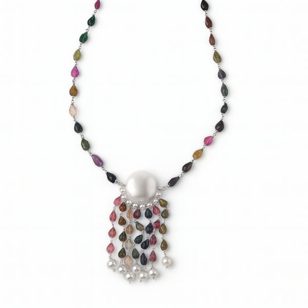 Colorful tourmaline and Swarovski pearl necklace with silver chain