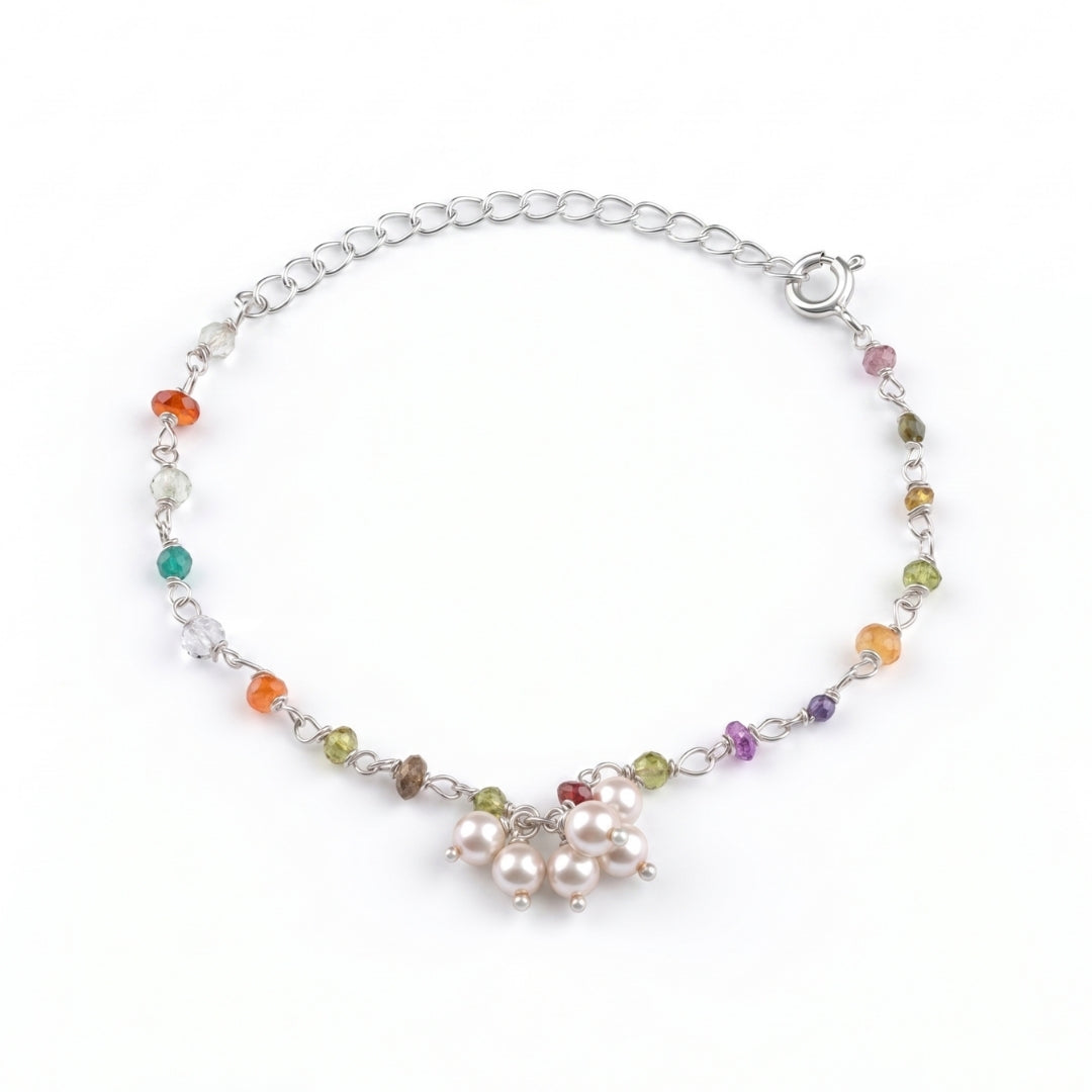 Multicolor Stone & Pearl Bunch Silver Bracelet (Project Handmade)
