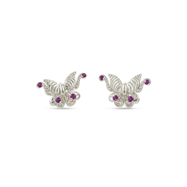 Silver CZ butterfly earrings with pink stones