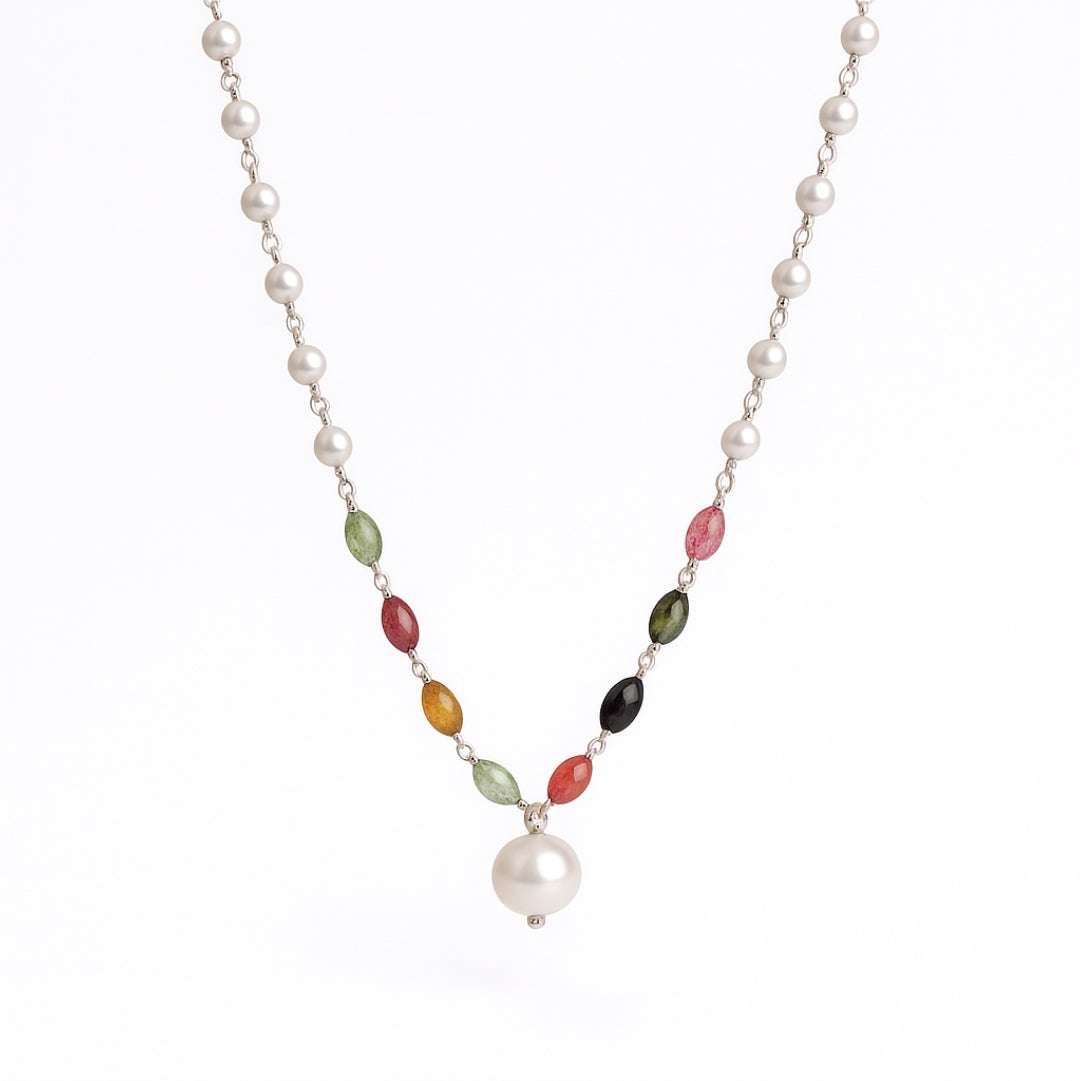 Pearl ganthan necklace with Semipricious stones