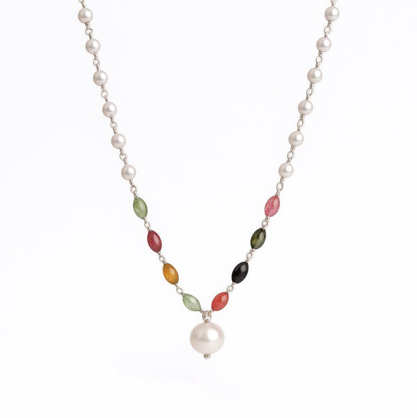 Front view of Pearl Ganthan Necklace with Semiprecious Stones in 92.5 sterling silver featuring lustrous pearls and colorful gemstones