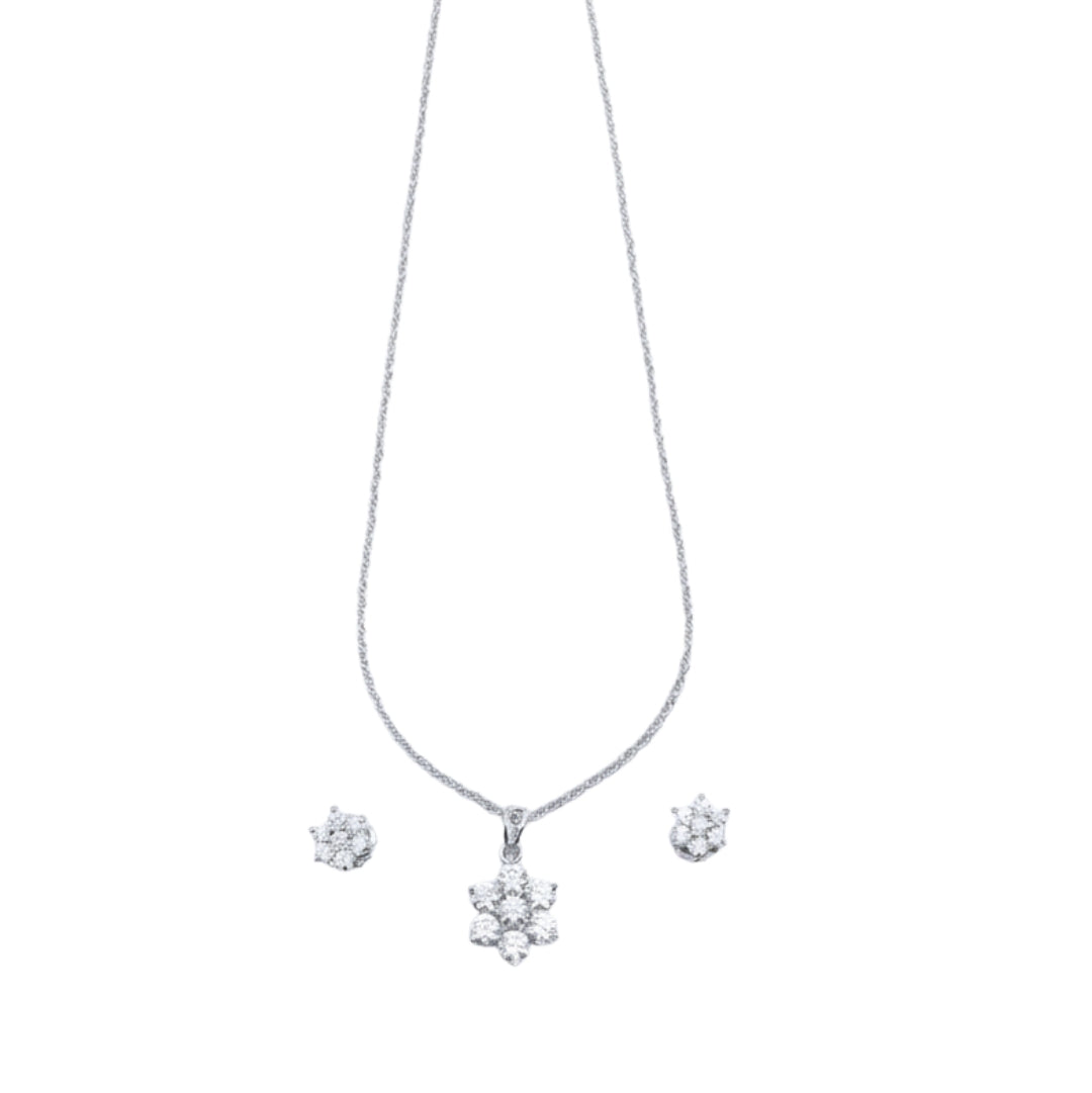 Silver CZ Flower Pendant Earring Set