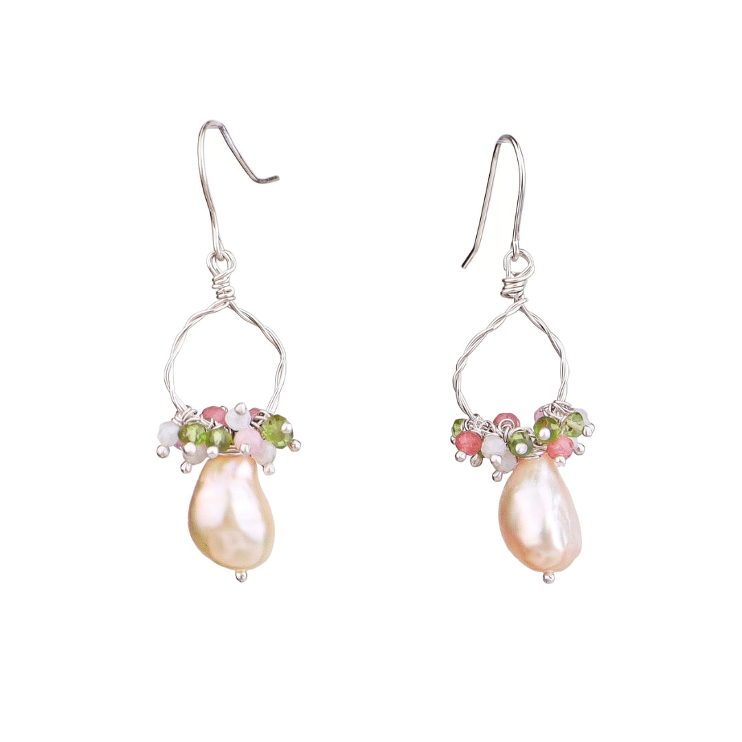 Freshwater Pearl, Rose Quartz & Peridot Silver Earrings (Project Handmade)