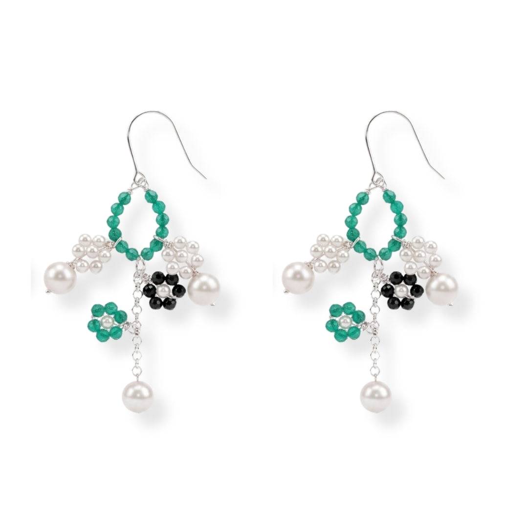 Multicolour Stone Flower Cluster Earrings in 92.5 sterling silver