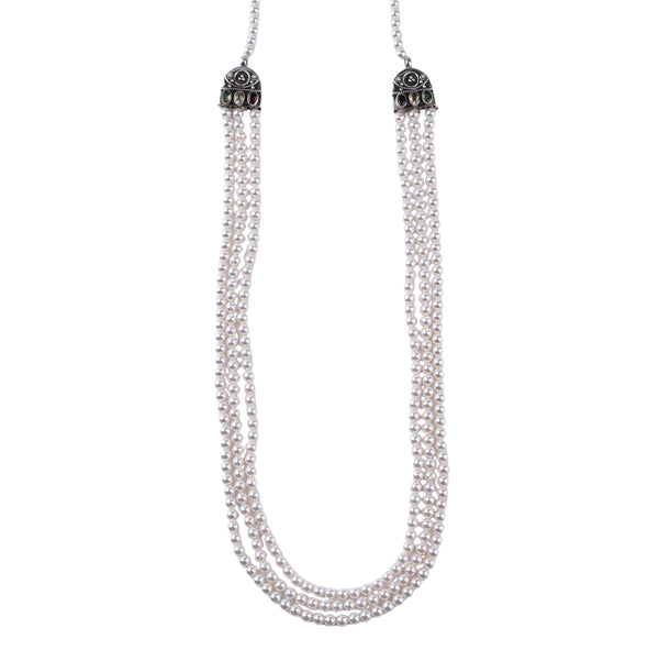 Pearl necklace with carved findings and multi-color accents