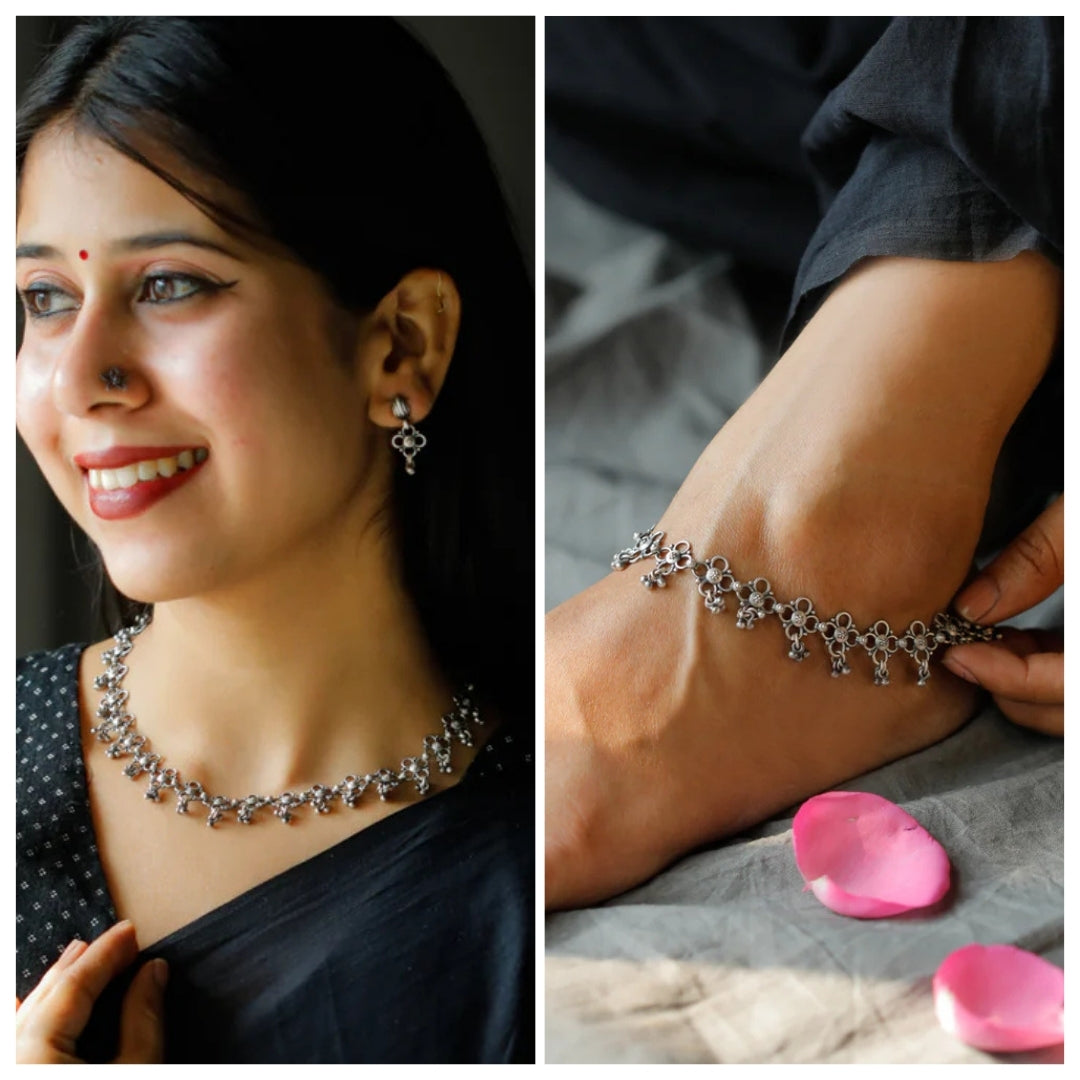 Flower Motif with Ghungaroo Delicate Silver Set Convertible Necklace and Anklet