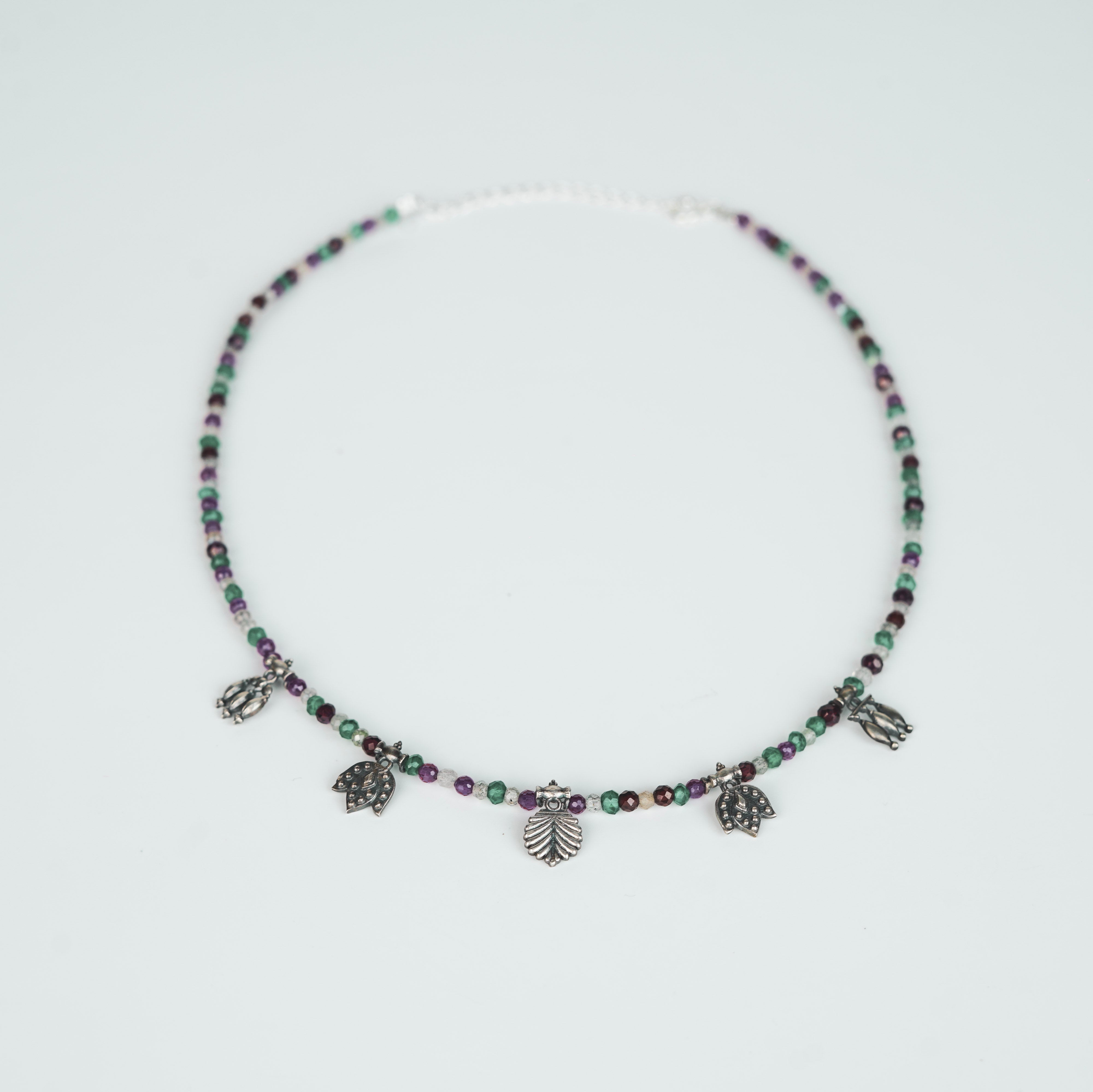 Oxidized Multi charm Necklace with Multi colour Stones (Small)