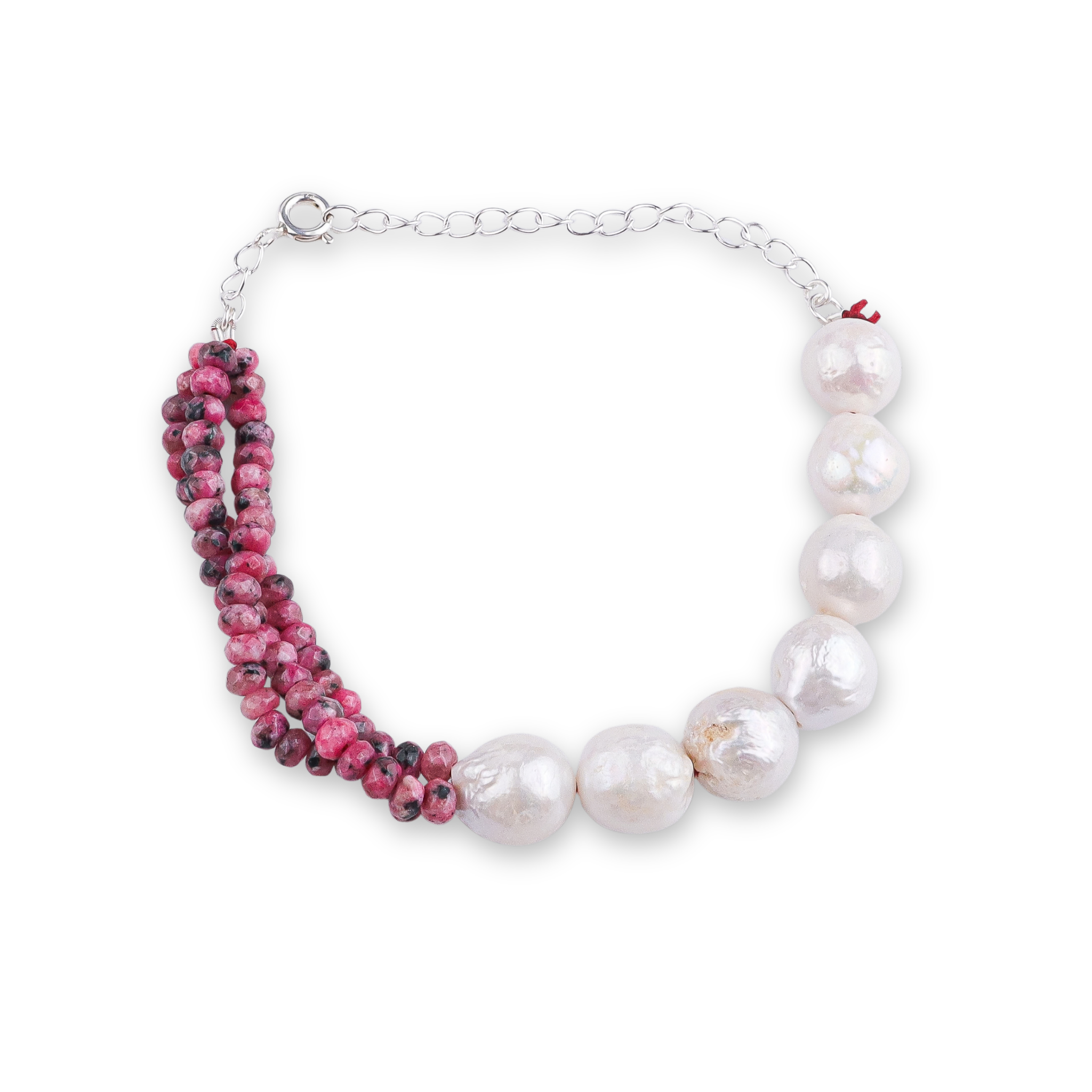 Pink Jade & Baroque Pearl Silver Bracelet (Project Handmade)