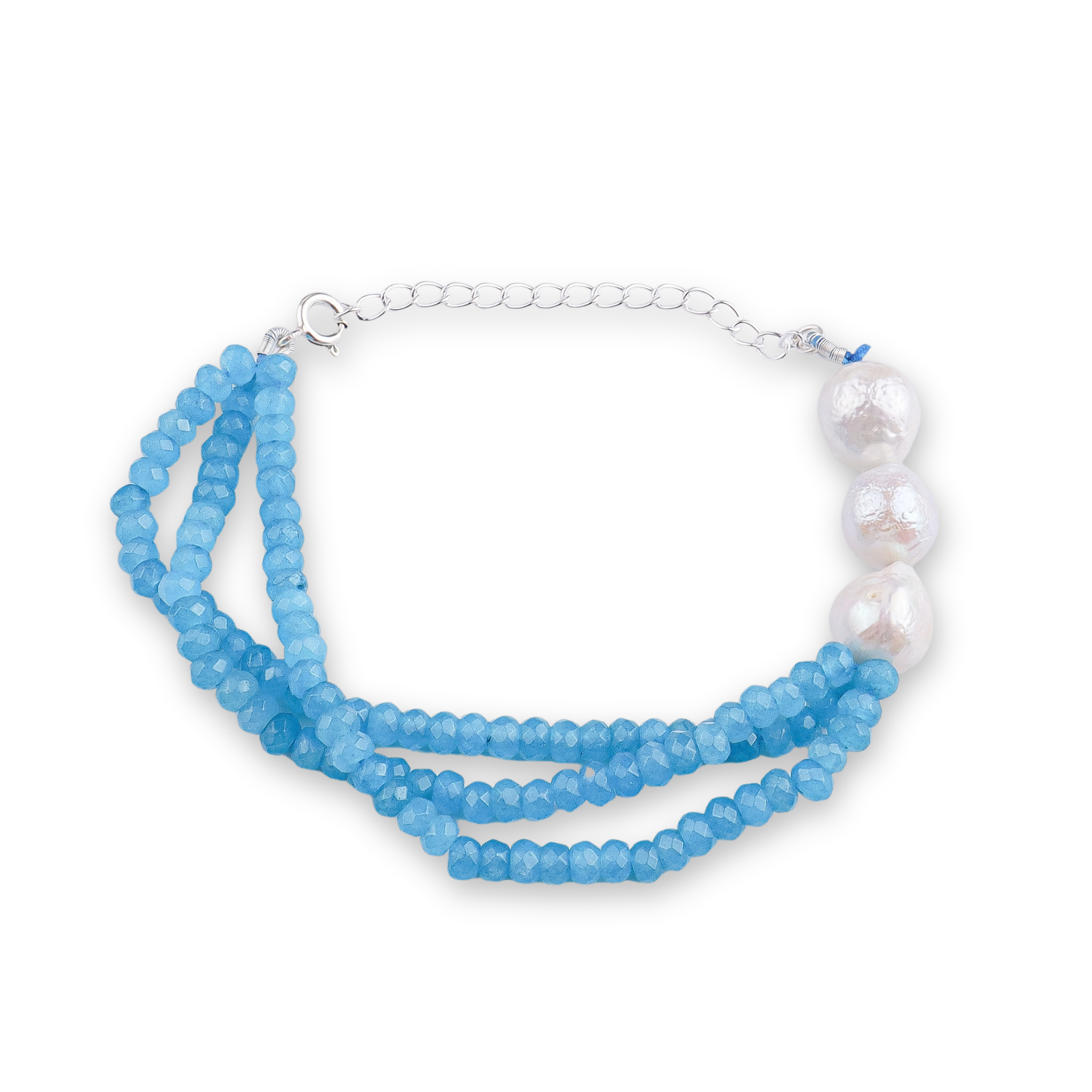 Blue Jade & Baroque Pearl Silver Bracelet (Project Handmade)