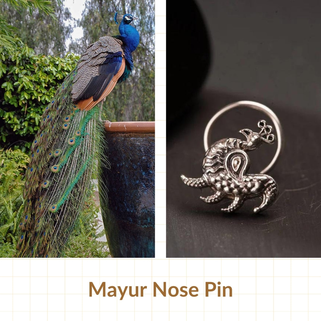 Silver Mayur or Peacock Nose pin (Pierced) - Indian Summer